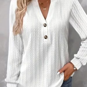 Notched Long Sleeve Plain Buttoned Regular Micro-Elasticity Loose Shirt For Women
